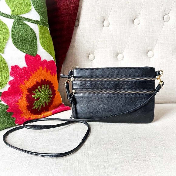 Vintage Handbags - Vintage L.J.S. Black Gold Leather Triple Zipper Crossbody Handbag